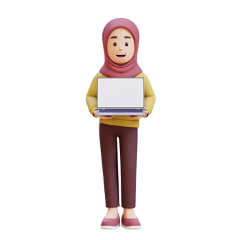 3D muslim girl character with hijab holding a laptop png
