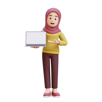 3D muslim girl character with hijab holding and presenting to a laptop with empty screen png