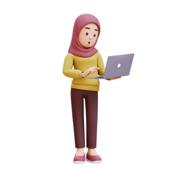 3D muslim girl character with hijab is standing confused working on a laptop png