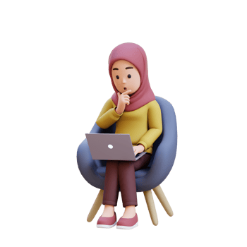 3D muslim girl character with hijab is thinking, sitting in a chair with a laptop in front of her png