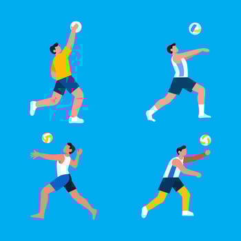 Four Volleyball Players in Action Against a Blue Background vector
