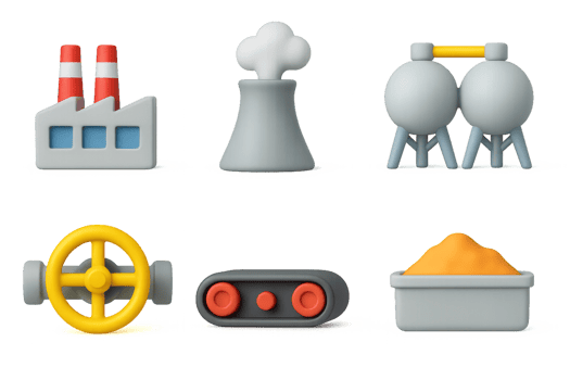 3D Icons of Factory Equipment and Manufacturing Elements in Simple Design png