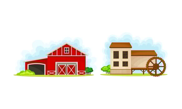 Rural farm buildings set. Red wooden barn and farmhouse illustration vector