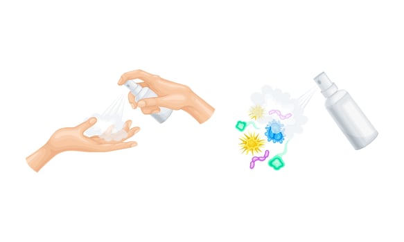 Disinfection set. Hands hygiene with sanitizer. Bottle of antiseptic spray illustration vector