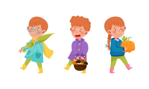 Kids outdoors activities in autumn set. Happy children walking with umbrella, collection mushrooms and harvesting pumpkin cartoon illustration vector