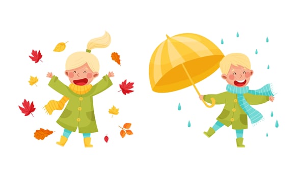 Kids playing outdoors in autumn set. Happy children throwing colorful leaves and walking with umbrella cartoon illustration vector