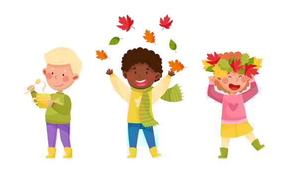 Kids playing outdoors in autumn set. Children throwing colorful leaves, drinking hot tea and making wreath of leaves cartoon illustration vector