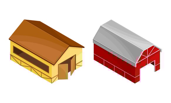 Farm rural buildings set. Wooden barns isometric illustration vector
