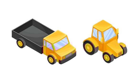 Farm transport set. Yellow truck and tractor isometric illustration vector