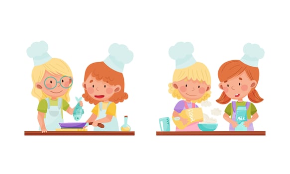 Cute kid chef characters set. Adorable children cooking and baking in the kitchen cartoon illustration vector