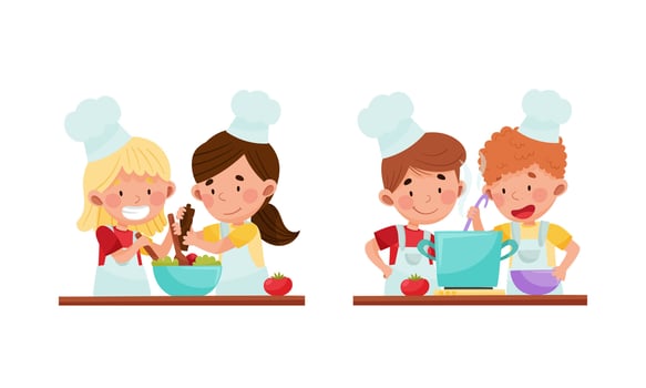Cute kid chef characters set. Adorable cheerful children cooking in the kitchen cartoon illustration vector