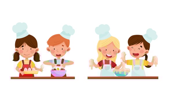 Cute kid chef characters set. Adorable funny children baking in the kitchen cartoon illustration vector
