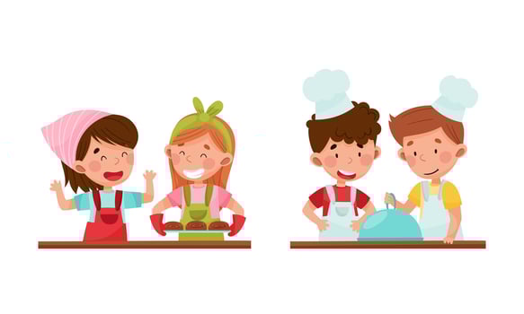 Cute kid chef characters set. Adorable funny children preparing food and baking cookies in the kitchen cartoon illustration vector