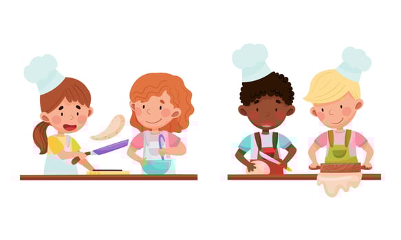 Cute kid chef characters set. Adorable funny children baking pancakes and cookies in the kitchen cartoon illustration vector