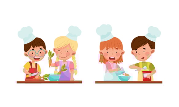 Cute kid chef characters set. Adorable cheerful children preparing food in the kitchen cartoon illustration vector