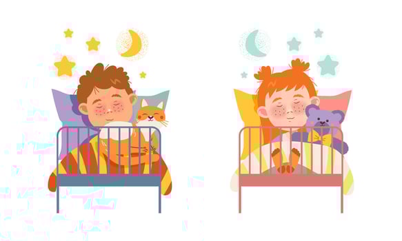 Cute little boy and girl sleeping in beds at night cartoon illustration vector