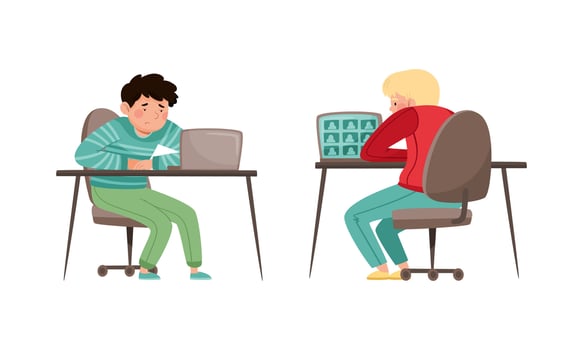 Teenage students studying online and communicating with laptop computer. Distance education during quarantine cartoon illustration vector