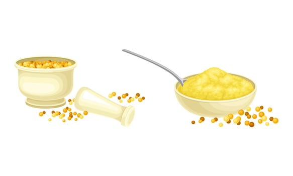 Ceramic bowl of ground mustard seeds, mortar and pestle set. Natural organic healthy product illustration vector