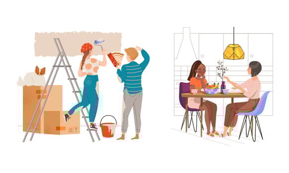 People staying or spending weekend at home set. Family members renovating an apartment and having breakfast together illustration vector