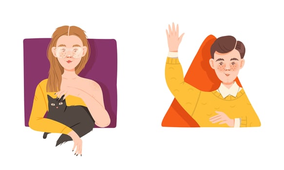 People looking out from windows set. Girl and boy peeking out from circular and triangular frames illustration vector
