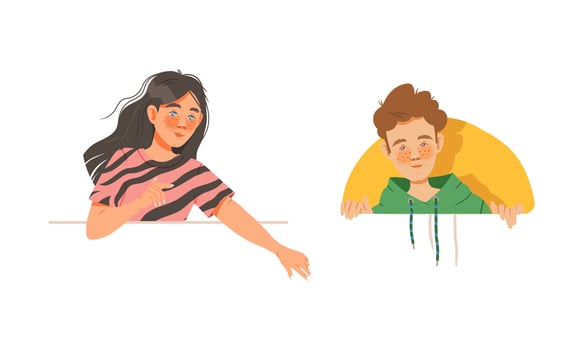 People looking out from window set. Girl and boy peeking out of the wall illustration vector