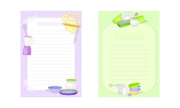 Pages with lines for recipe entries. Recipe book page templates with kitchen utensils set illustration vector