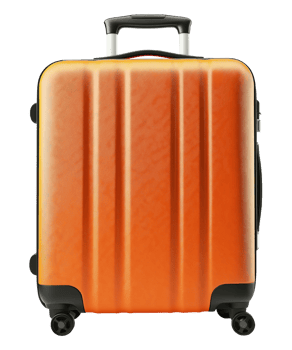 Modern orange plastic wheeled suitcase isolated on transparent background png