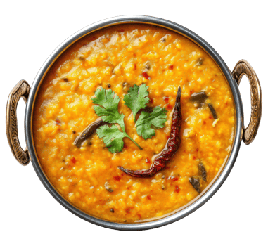 Traditional Indian dal tadka served in a round metal bowl isolated on transparent background png