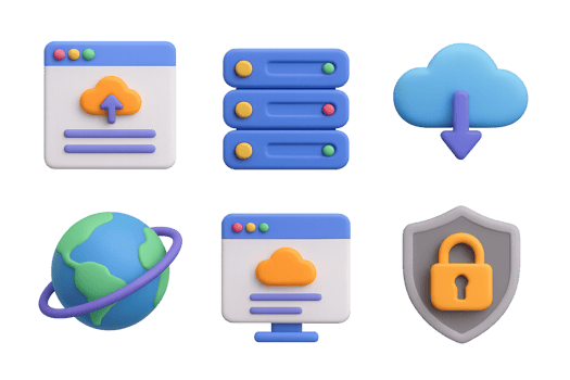 3D Icons of Cloud Hosting, Web Interface, and Security Elements png