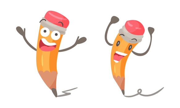 Funny pencils characters set. Cute stationery tools with happy smiling faces cartoon illustration vector
