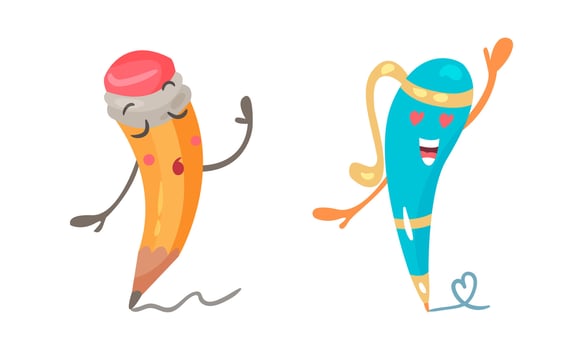 Cute pencil and pen characters set. Cute stationery tools with funny emotional faces cartoon illustration vector