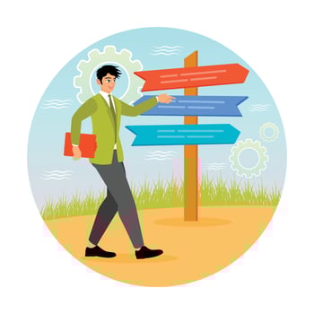 Businessman Making Decisions in Front of Signpost. vector