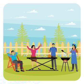 Neighbors and Friends Have a Backyard Barbecue Party on Summer Day. vector