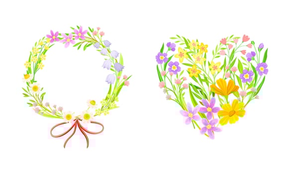 Summer or spring wildflowers set. Wreath and heart of blooming flowers illustration vector
