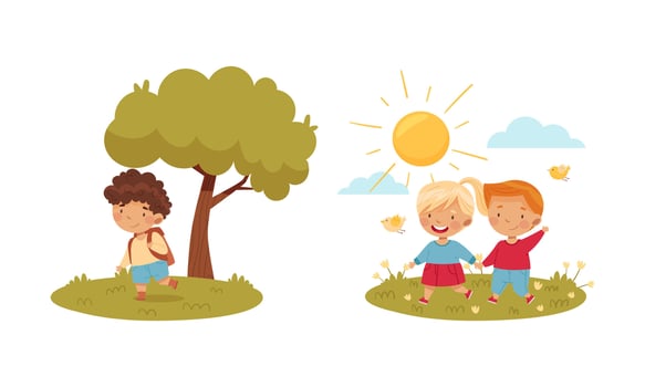 Outdoor seasonal activities set. Cute kids having walking in summer park illustration vector