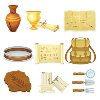 Archeological tools and artifacts set. Ancient papyrus, ruined marble pillar, archeological map, vase illustration vector
