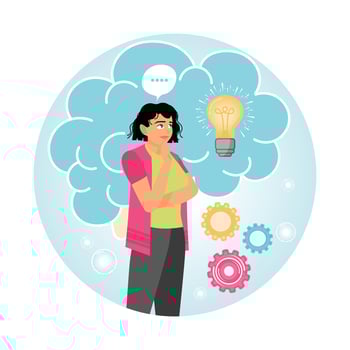 A Smart Woman Thinking with a Light Bulb and Gear Background. vector