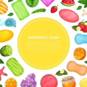 Aromatic soap banner template with handmade colorful organic soaps seamless pattern illustration vector