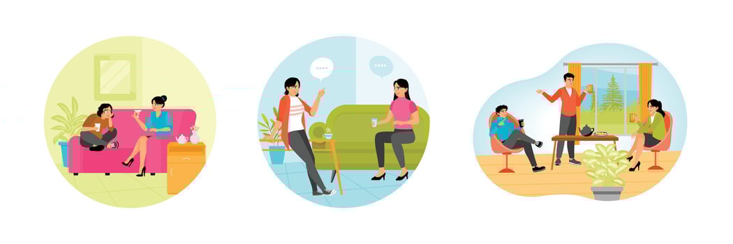 Women Sitting Drinking Tea and Gossiping. Having a Friendly Conversation. Friends Meeting at Home. vector