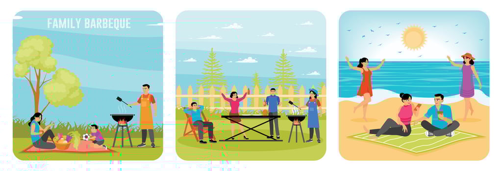 Family Enjoying a Barbecue Picnic. Have a Backyard Barbecue Party. Enjoying a Picnic on Seashore. vector