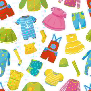 Kids clothes seamless pattern. Background, wallpaper, cover, fabric, interior decor with clothing for children illustration vector