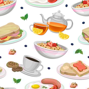 Breakfast food seamless pattern. Fresh and nutritious morning food background, wallpaper, cover, textile design illustration vector