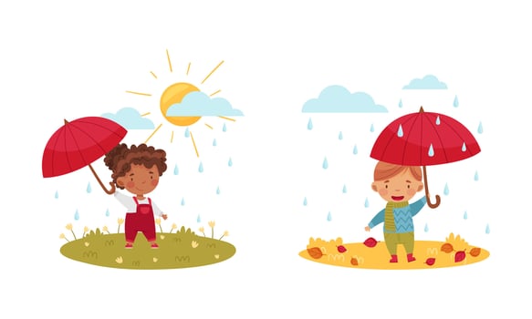Outdoor seasonal activities set. Cute kids walking with umbrellas on rainy day illustration vector