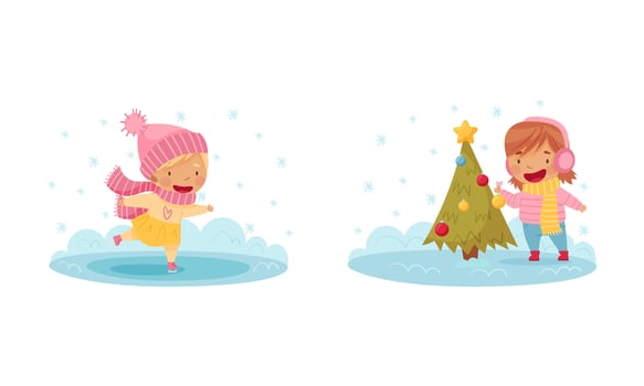 Outdoor seasonal activities set. Cute kids skating on rink and and decorating fir tree illustration vector