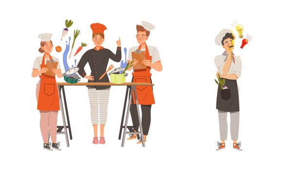 Chef and assistants cooking dishes of haute cuisine. Restaurant staff characters illustration vector