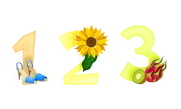 1,2,3 bright numbers with exotic fruit, sunflower and female shoes illustration vector