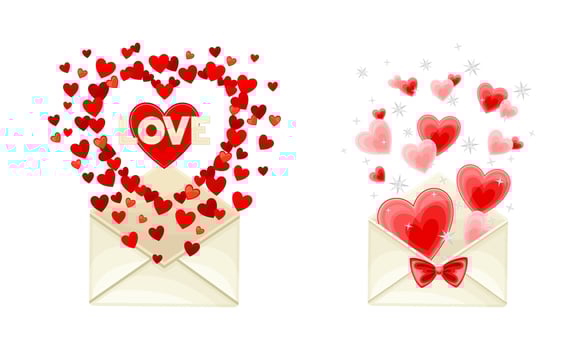 Love, dating, wedding, romantic event symbols set. Envelope with flying out hearts Happy Valentine day signs illustration vector