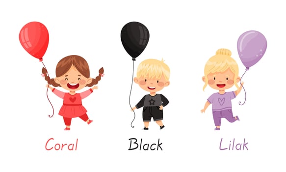 Cute kids holding balloons of different colors set. Boys and girl holding coral, black and lilac balloon illustration vector
