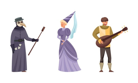 Inhabitants of the medieval city set. Doctor, maid of honor, musician characters illustration vector