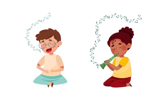 Cute kids playing music set. Boy singing, girl playing flute illustration vector